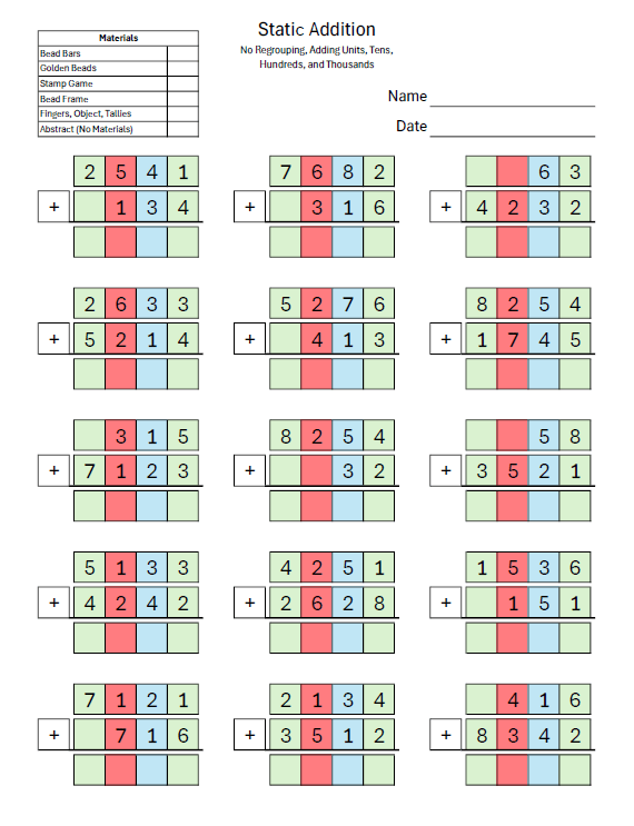 Montessori Static Addition Equations