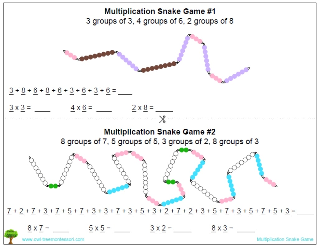 Printable Montessori Multiplication Snake Game Cards